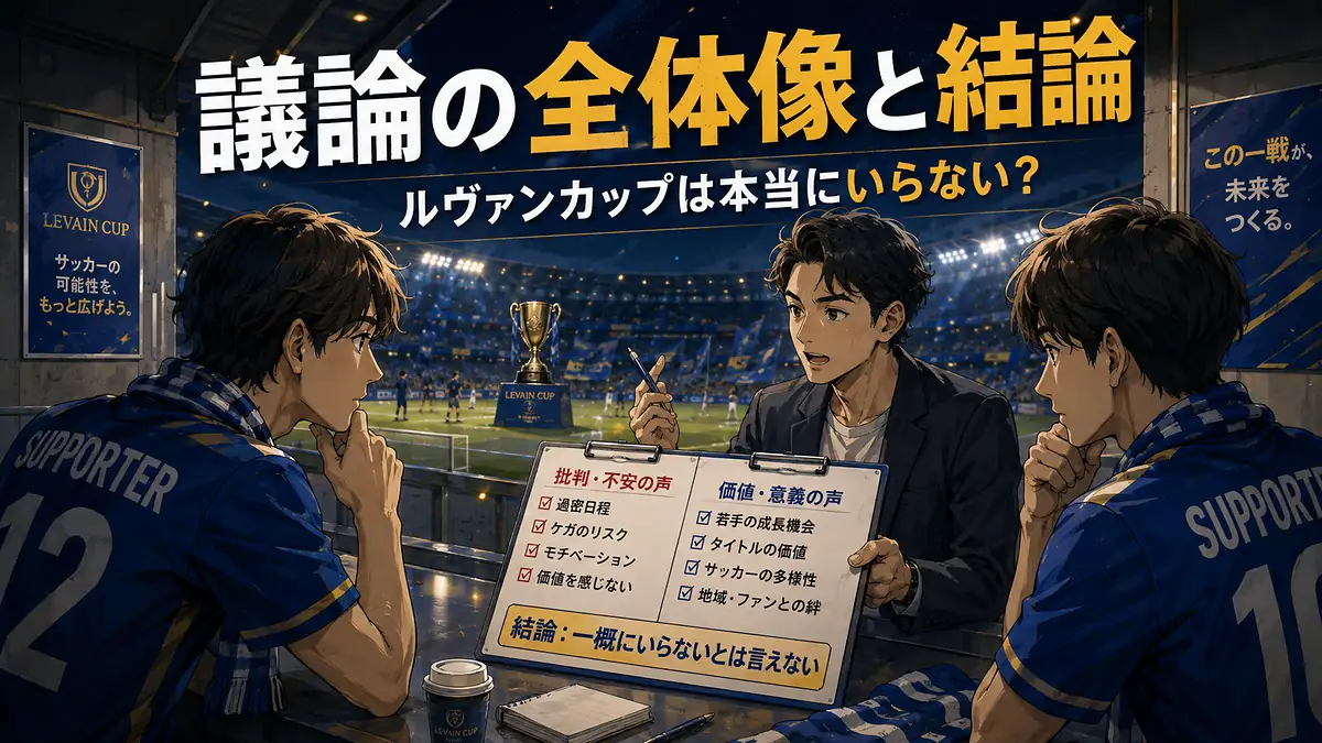 スタジアムでルヴァンカップの批判と価値を比較しながら議論するサポーターと解説者