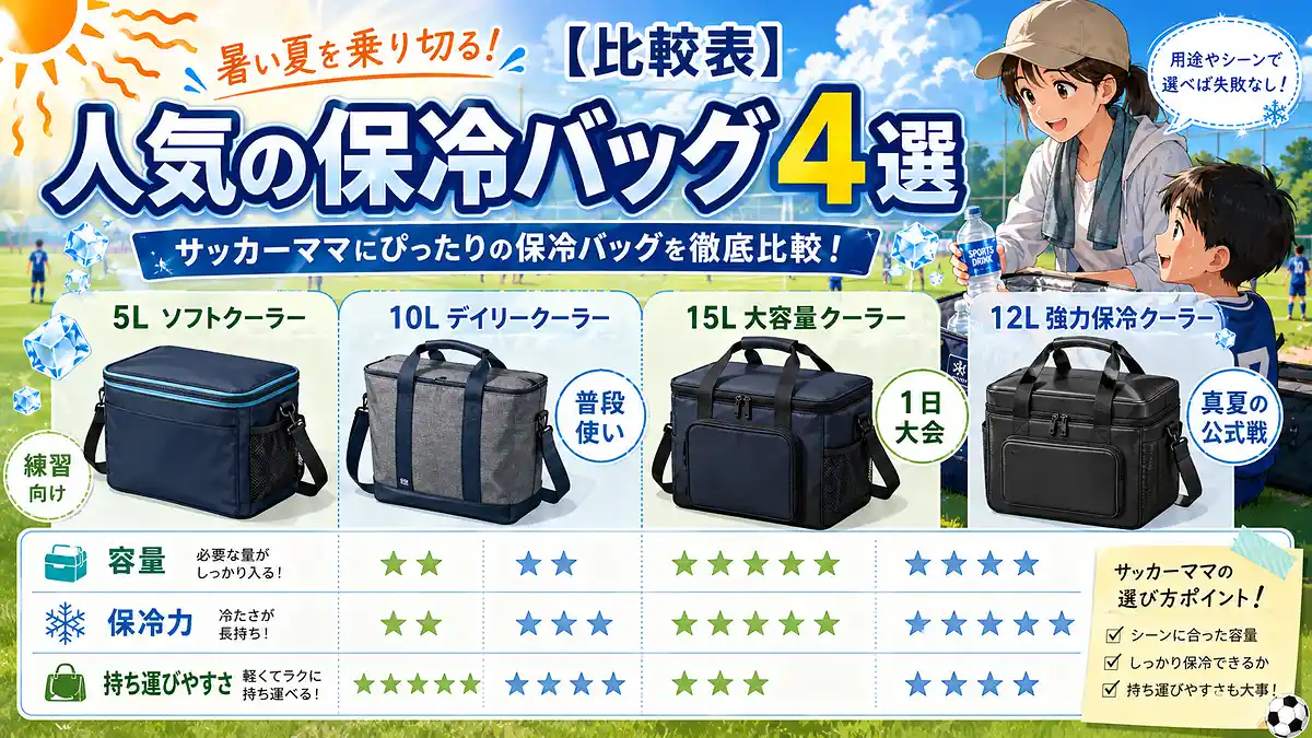 練習用から真夏の公式戦用まで容量と保冷力を比較した保冷バッグ4種類