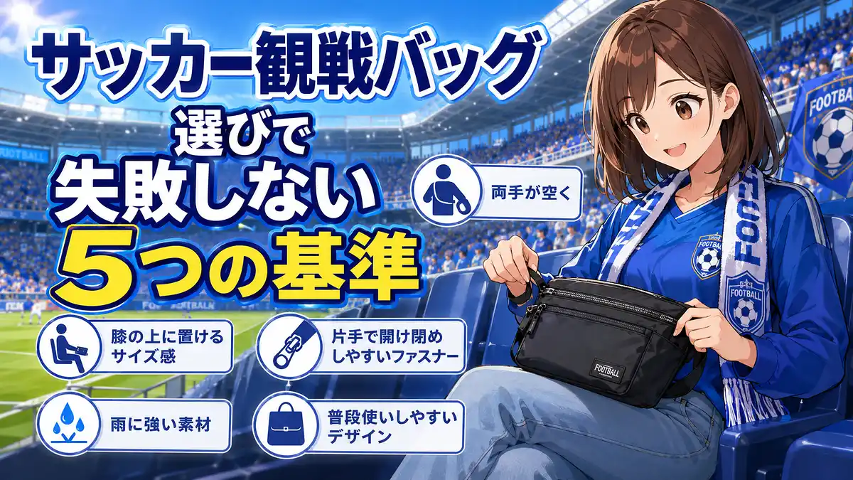 観戦席でボディバッグを確認する女性と両手が空く・膝上サイズ・撥水性など5つの選び方