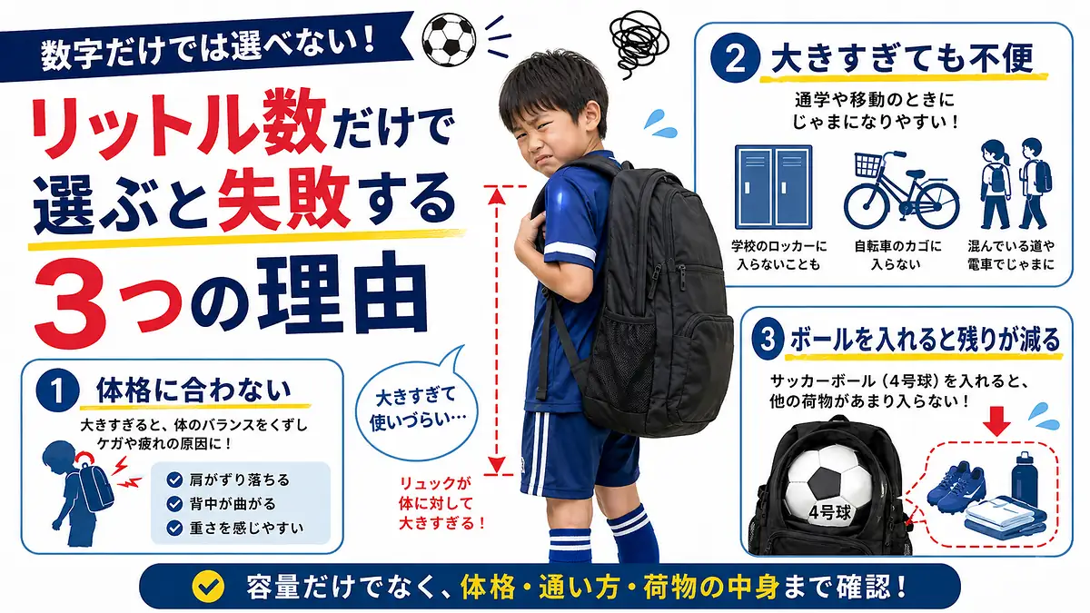 子どもの体格・移動方法・ボール収納後の残容量からリュック選びの失敗原因を説明する図