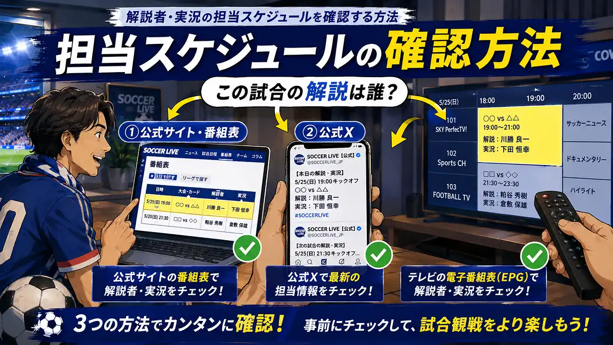 サッカーファンが公式サイト・公式X・電子番組表で解説者の担当予定を確認する方法