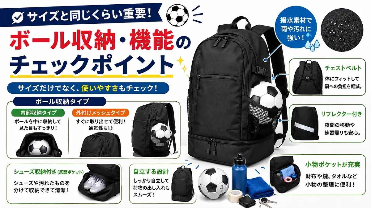 ボール収納・シューズポケット・チェストベルト・撥水素材・反射材などサッカーリュックの機能