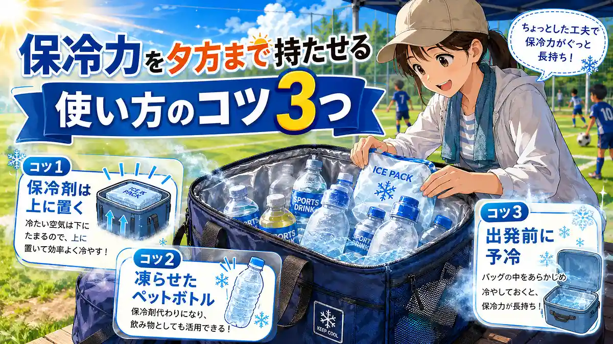 保冷剤を上に置き、凍らせたペットボトルと予冷を活用して冷たさを長持ちさせる方法