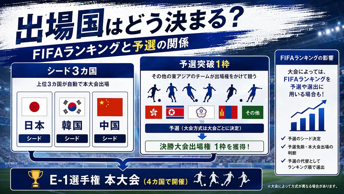 日本・韓国・中国のシード3カ国と予選突破1枠でE-1選手権出場国が決まる仕組み