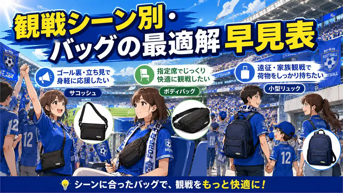 ゴール裏・指定席・遠征や家族観戦に適したバッグを示す観戦シーン別早見表