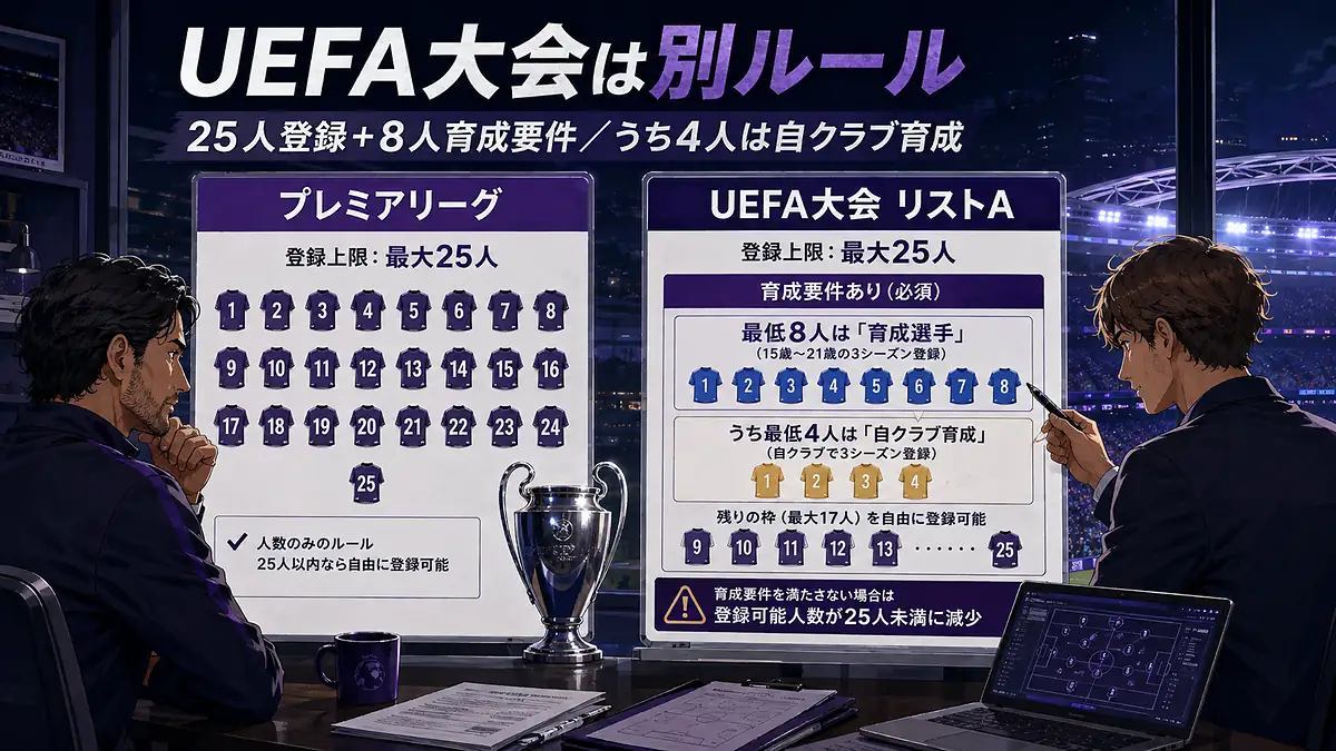 プレミアリーグとUEFA大会で異なる25人登録枠と育成選手要件の比較