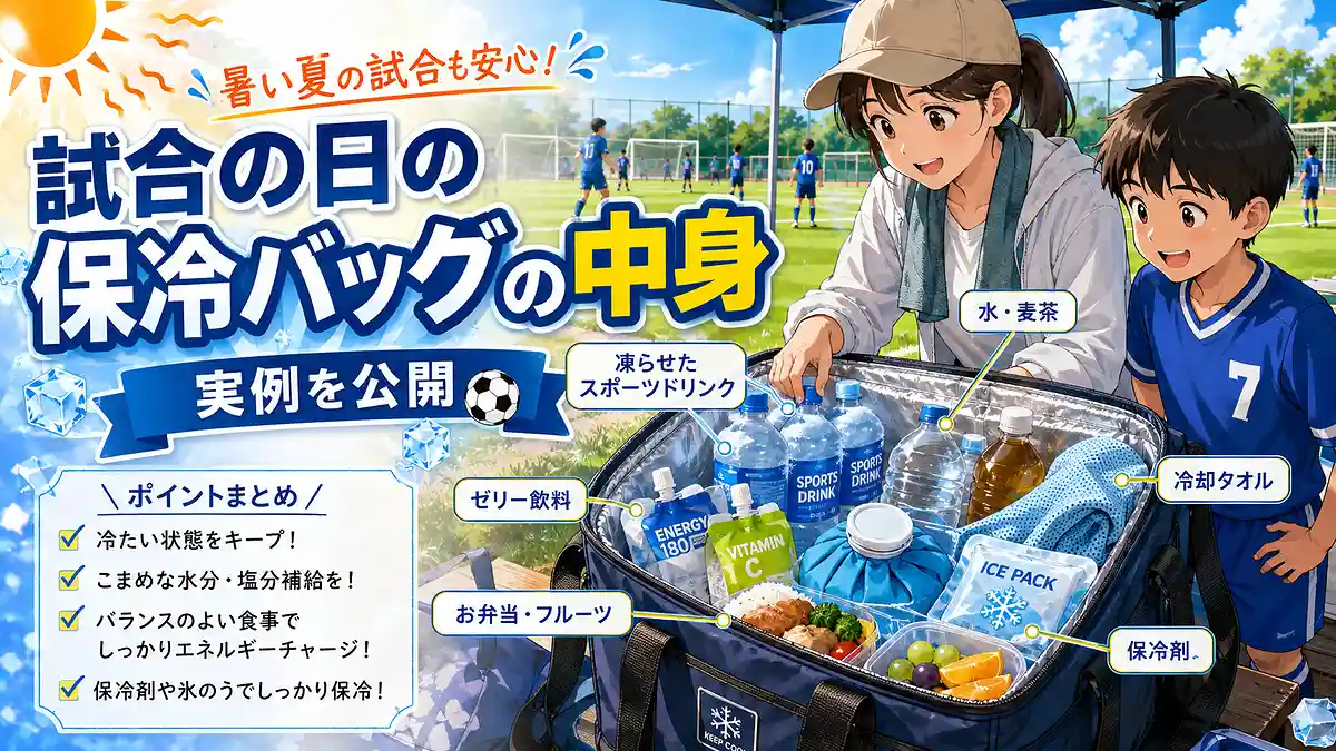 真夏のサッカーの試合で保冷バッグに入れる飲み物、補食、冷却用品、保冷剤の実例
