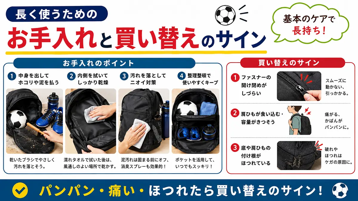 サッカーリュックの泥落とし・乾燥・拭き取り方法とファスナーや肩ひもの買い替えサイン