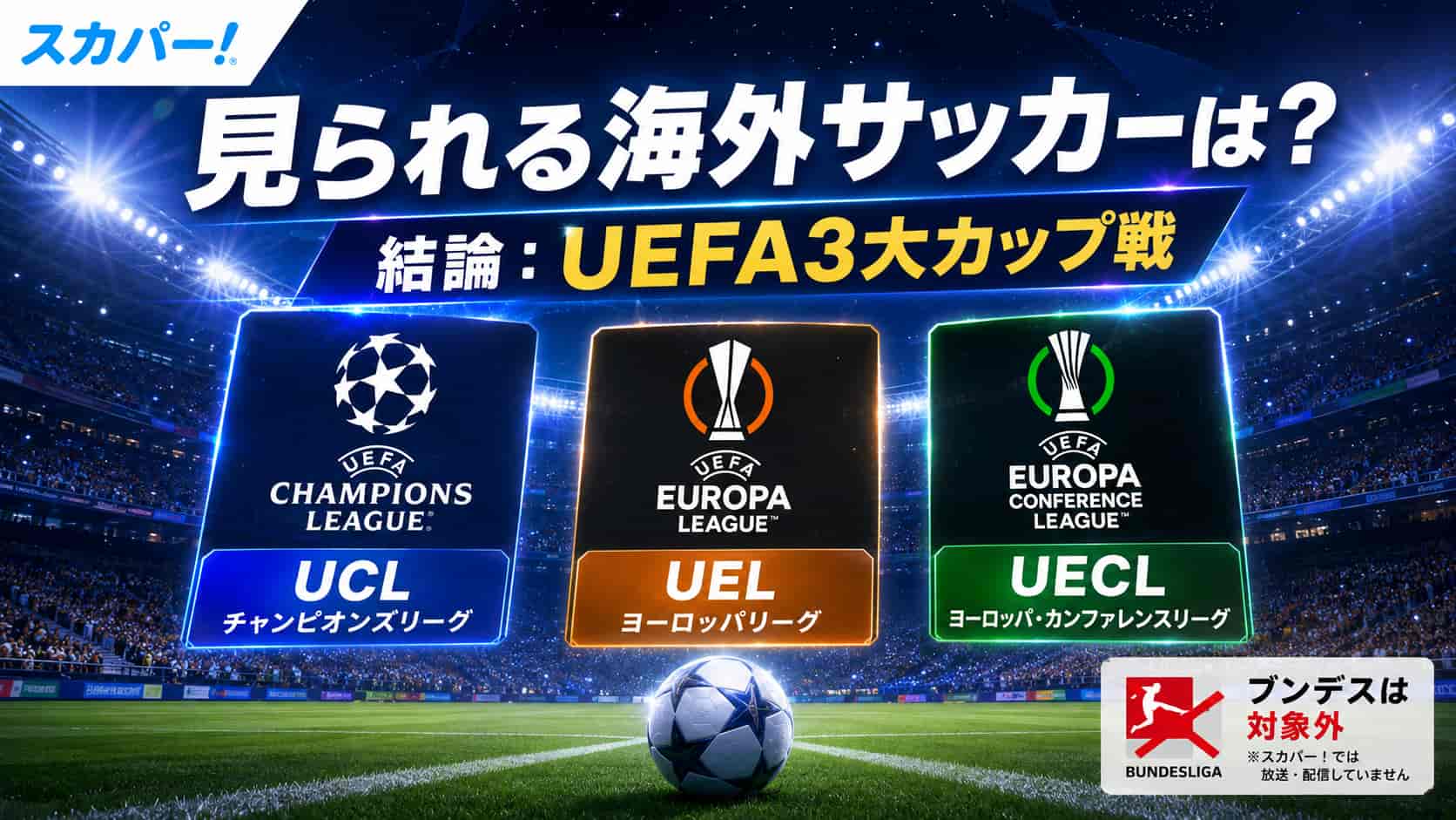 夜のサッカースタジアムでUCL・UEL・UECLの3大会とブンデスリーガ対象外を示した図解