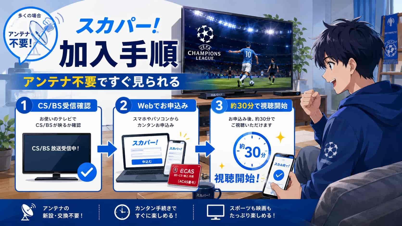 CS・BS受信確認からWeb申し込み、約30分後の視聴開始までを示すスカパー！加入手順